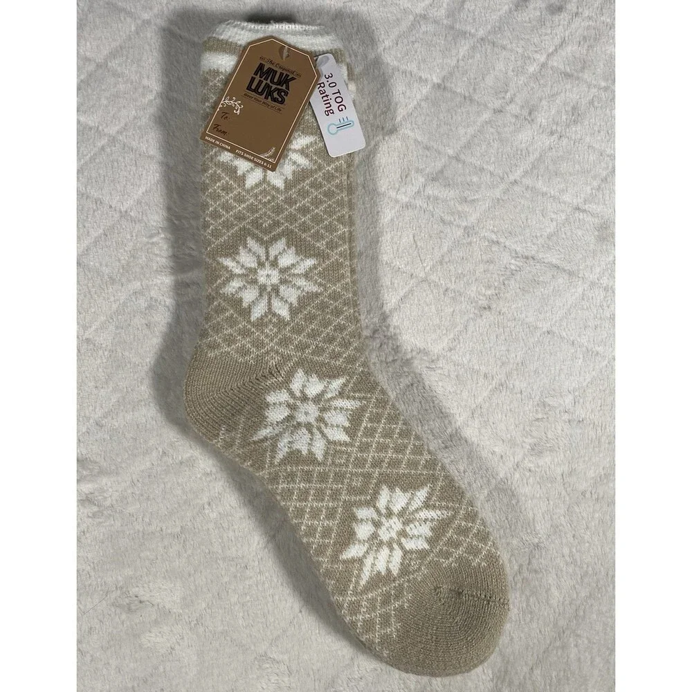Muk Luks Women’s Snowflake Socks CabinCore Holiday Gift Tan White Cozy Soft NWT